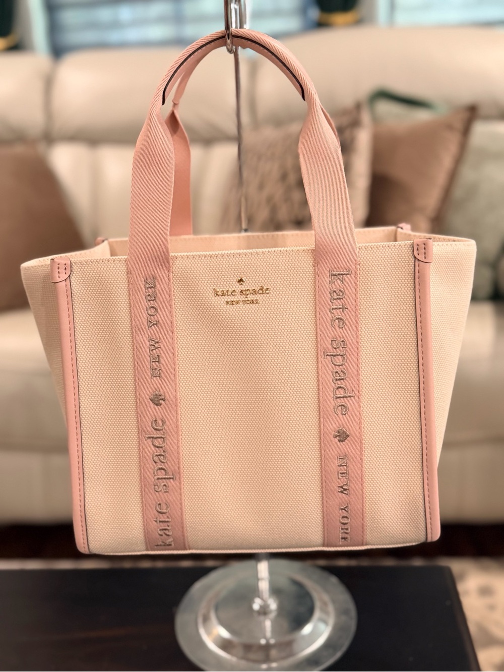 Kate Spade Kip Blush Pink Canvas Tote with Logo Webbing